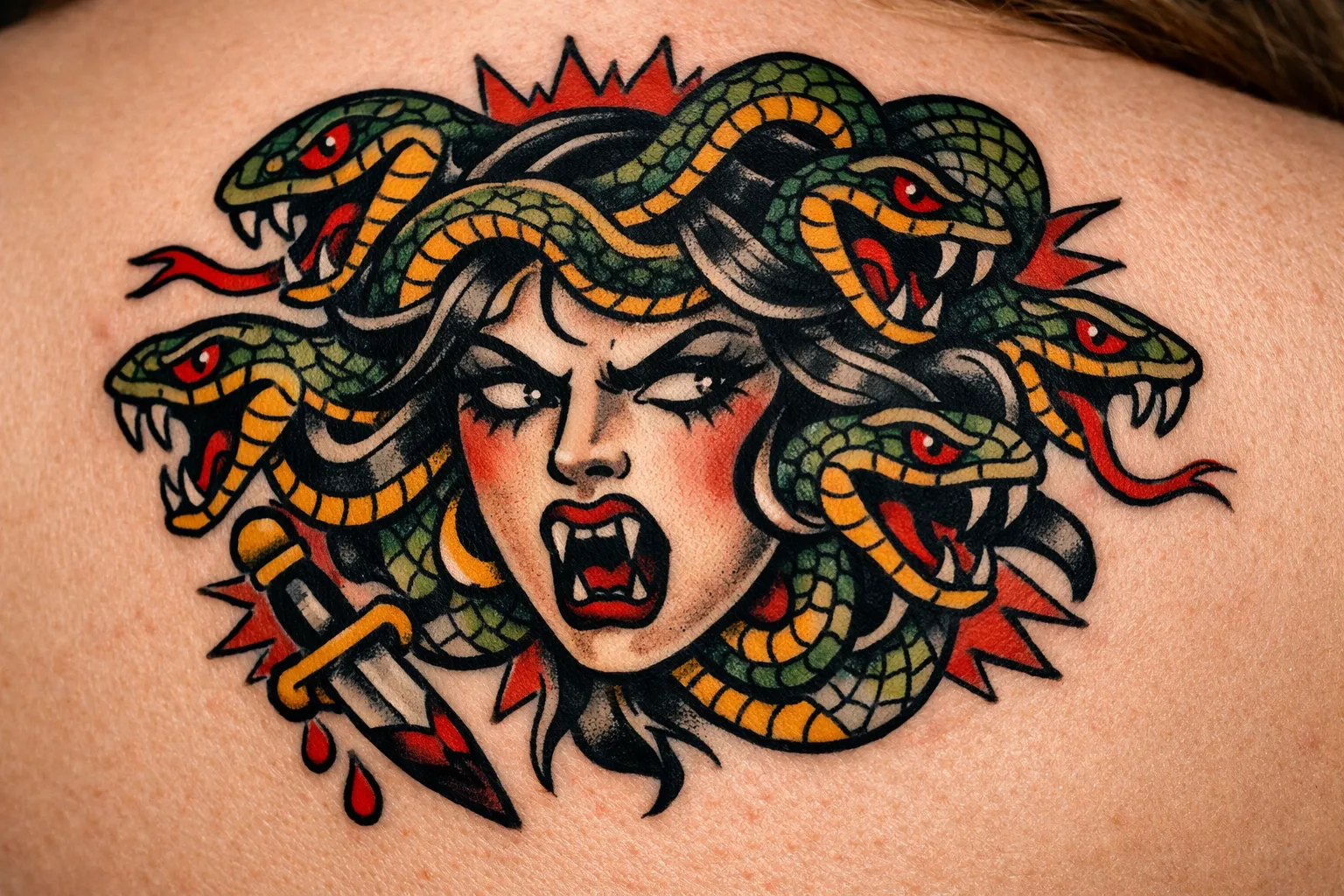 A colorful Medusa tattoo with snake hair and a dagger is shown on a person's upper back.