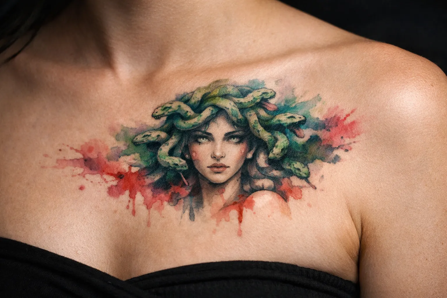 A person with a colorful Medusa tattoo on their upper chest.