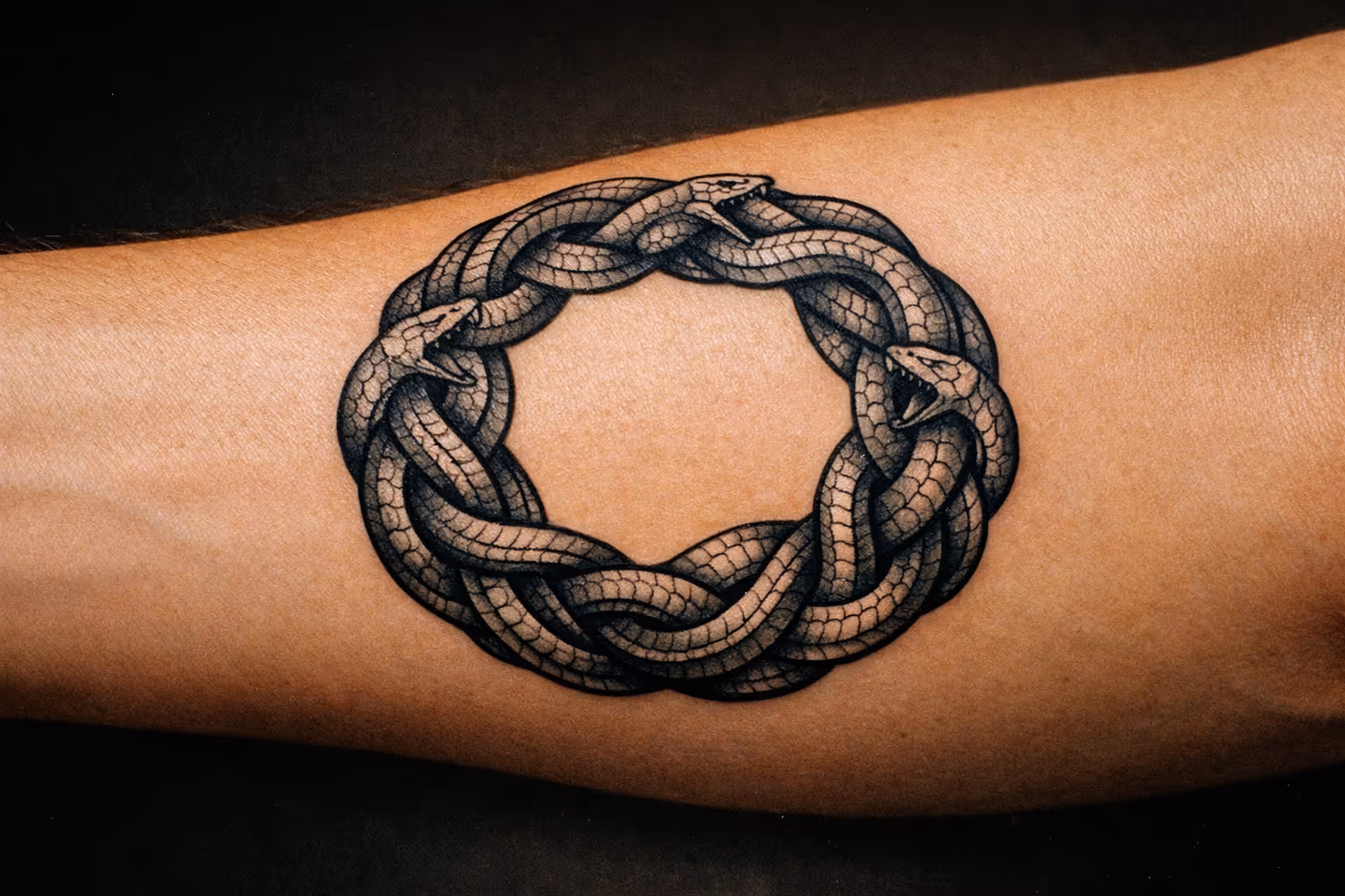 A healed Medusa tattoo on the forearm, snakes woven around a headless motif with bold linework and subtle shading