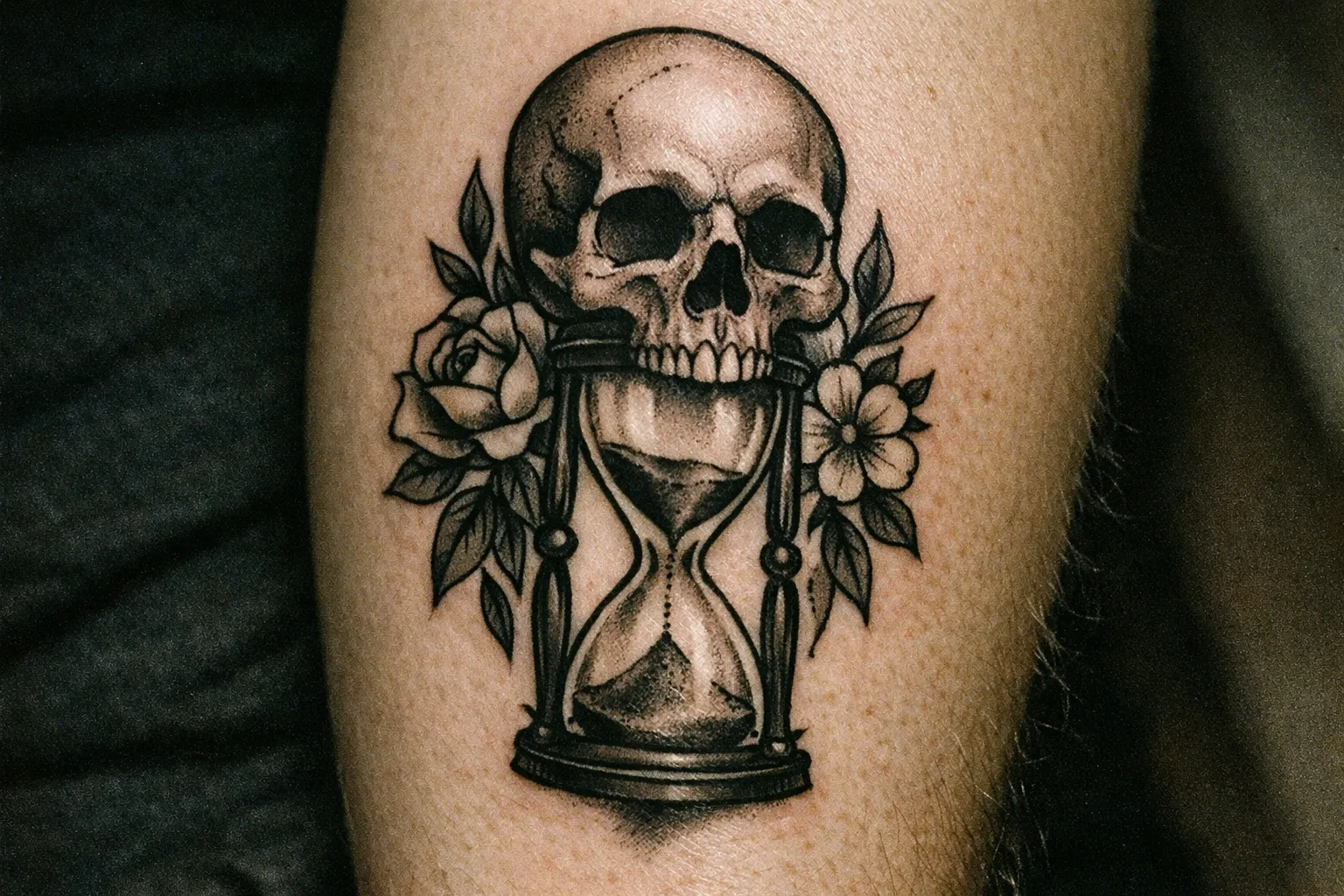 Forearm Memento Mori tattoo with skull above hourglass in blackwork, symbolic composition without text.
