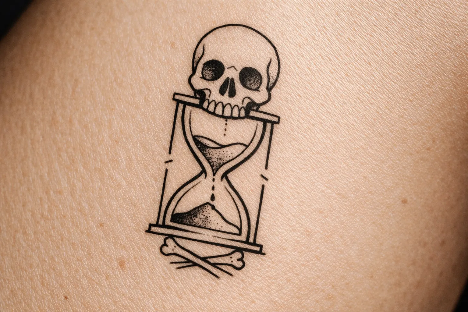A memento mori tattoo with a skull, hourglass, and crossed bones on bare skin.