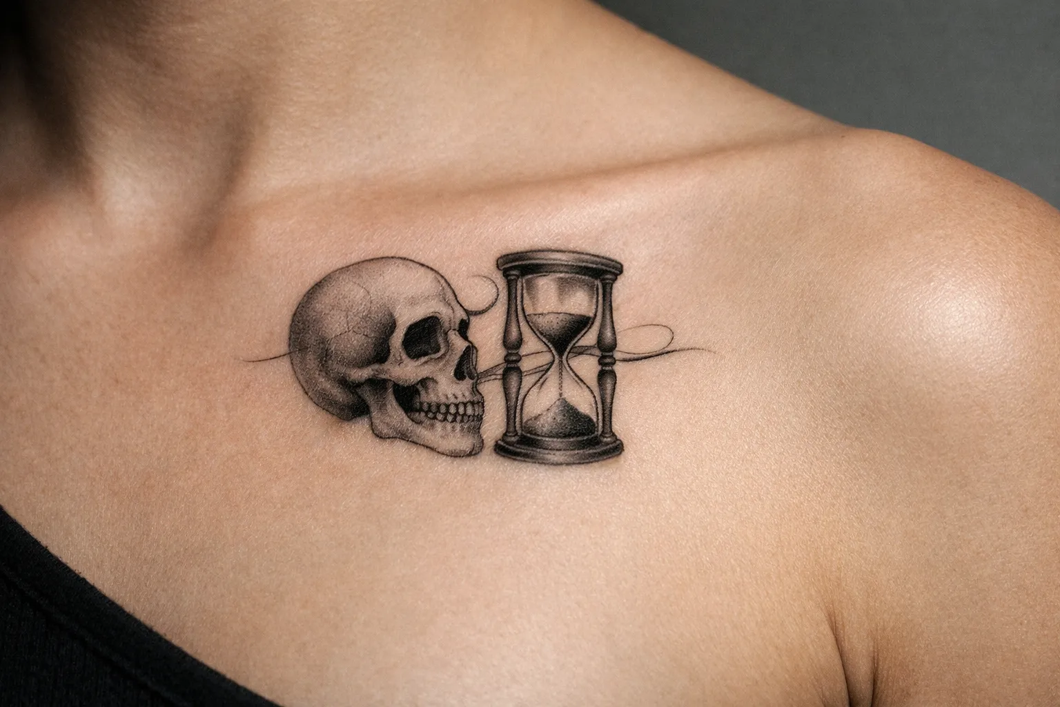 A tattoo of a skull and hourglass on a person's upper chest near the collarbone.