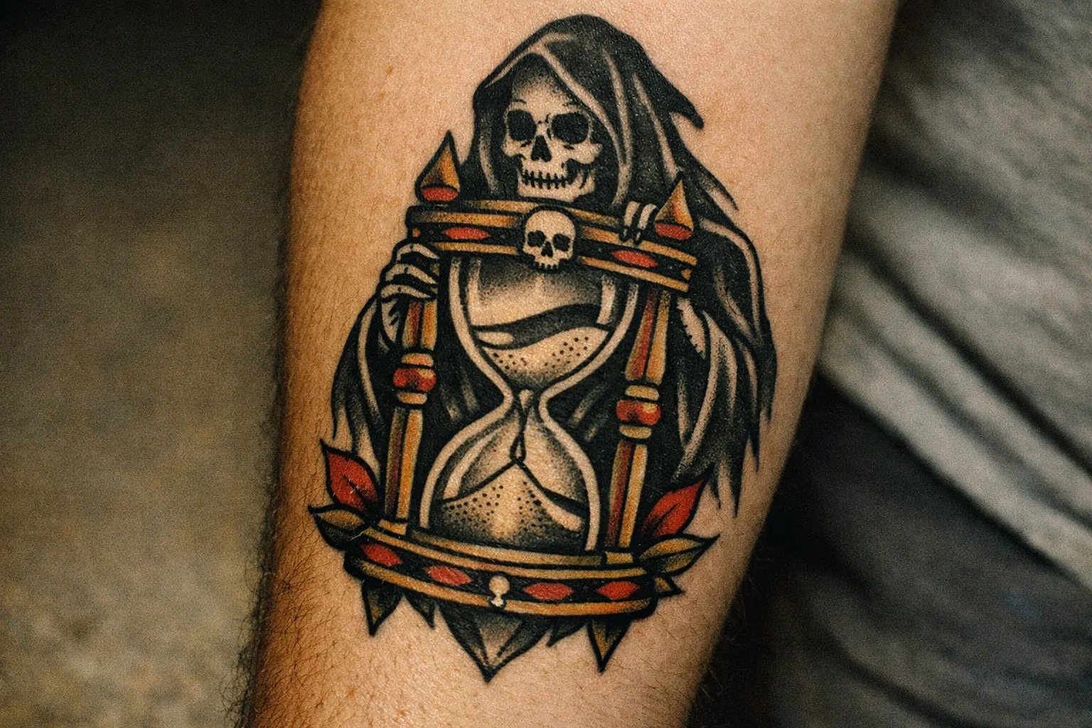 Forearm tattoo in traditional style featuring an ornate hourglass with a hooded Grim Reaper silhouette.
