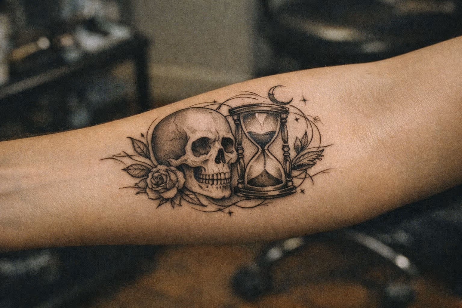 Editorial featured forearm tattoo shot: a skull-and-hourglass Memento Mori motif in blackwork.