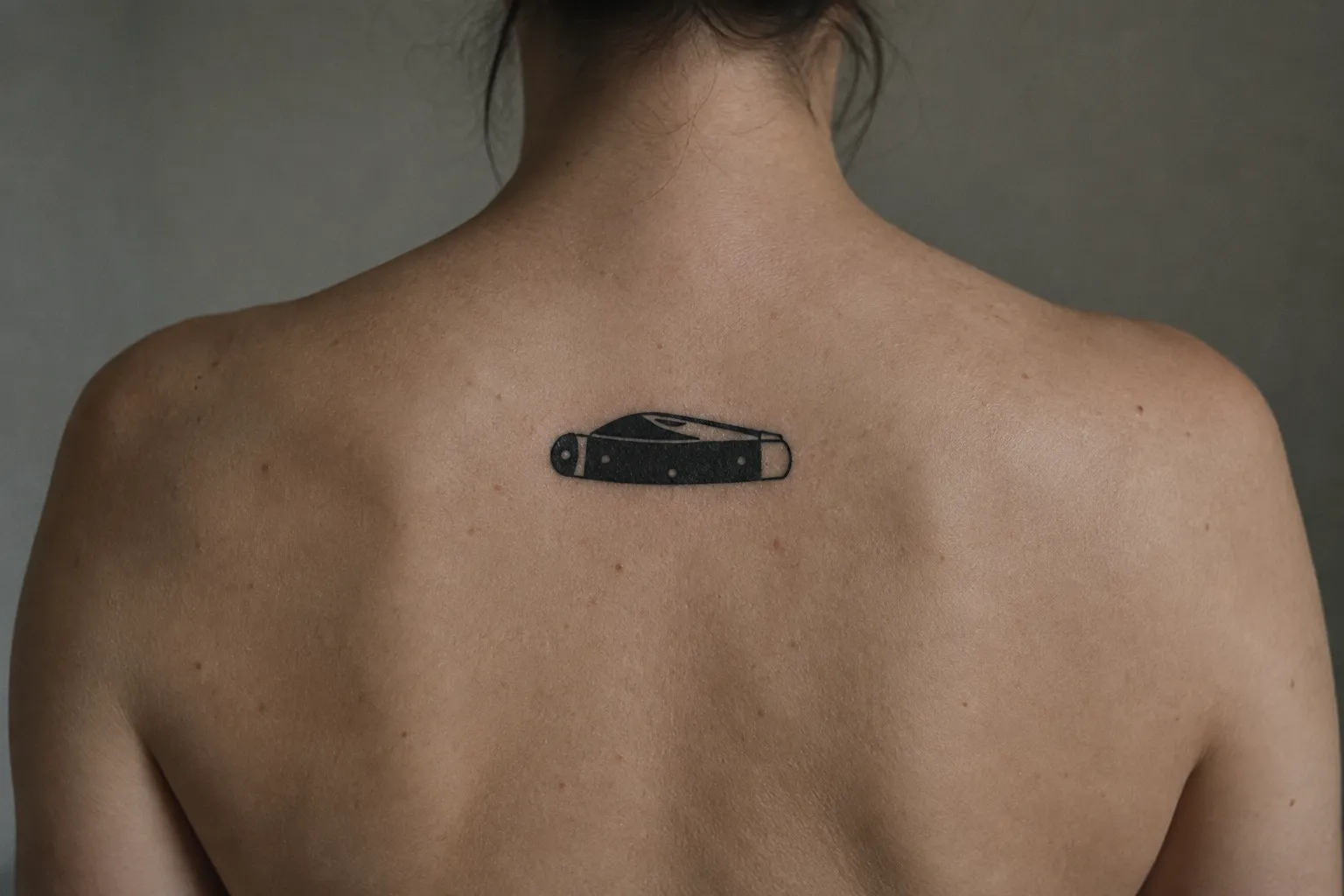 A person seen from behind has a small pocketknife tattoo on their upper back.