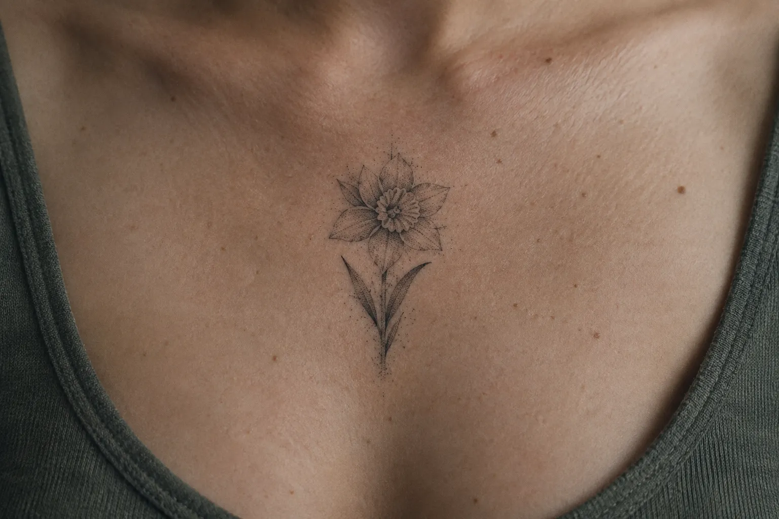 A person has a delicate flower tattoo centered on their upper chest.