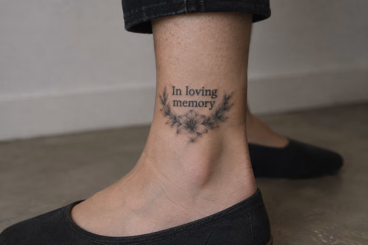 An ankle bears an 'In loving memory' tattoo framed by flowers, above a black shoe.