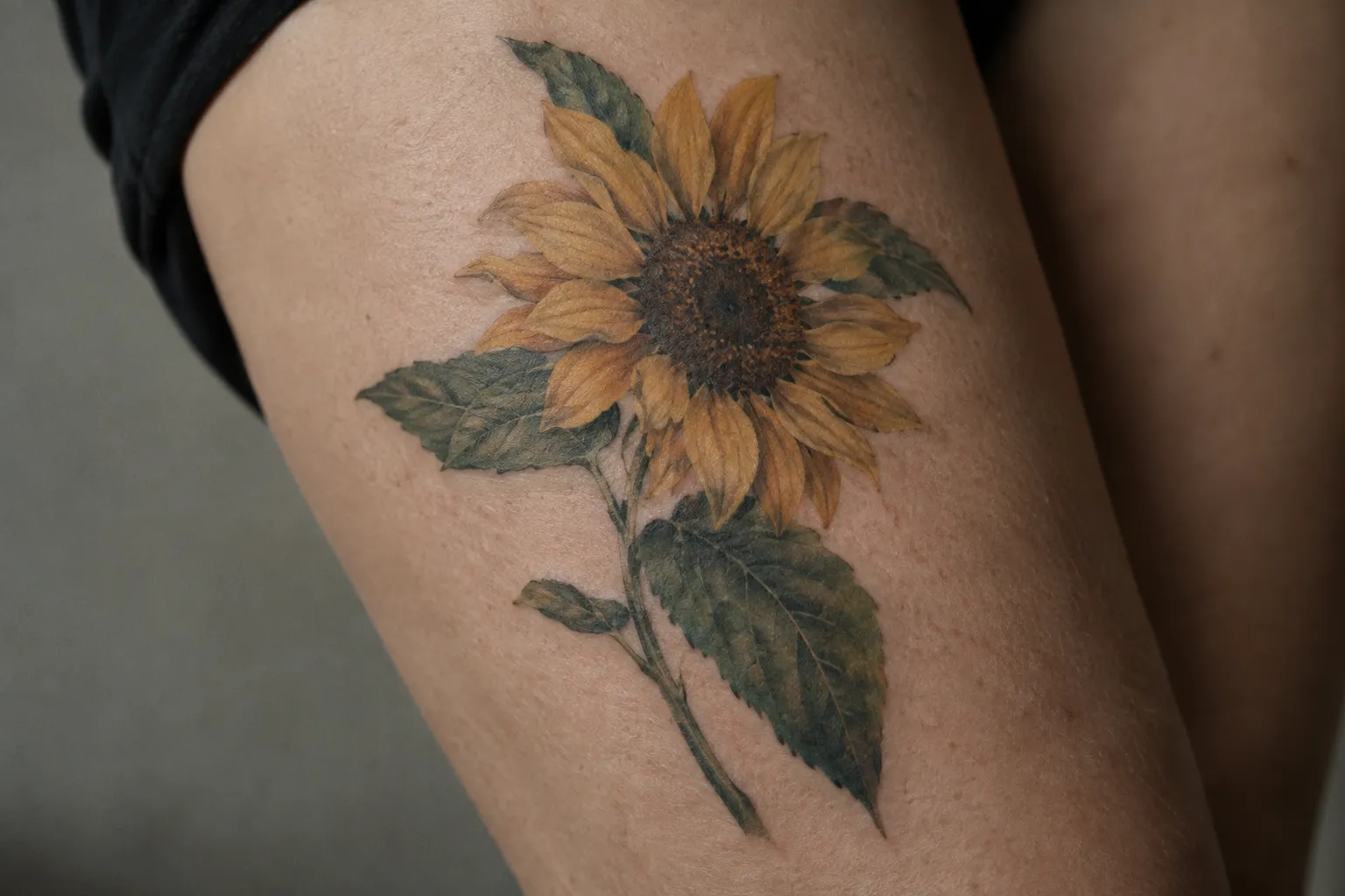 A color sunflower tattoo on a person's thigh.