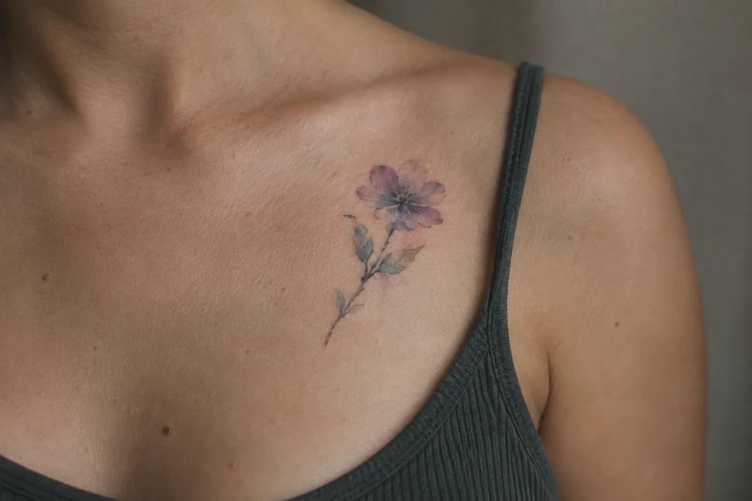 A person has a small purple flower tattoo on their upper chest.