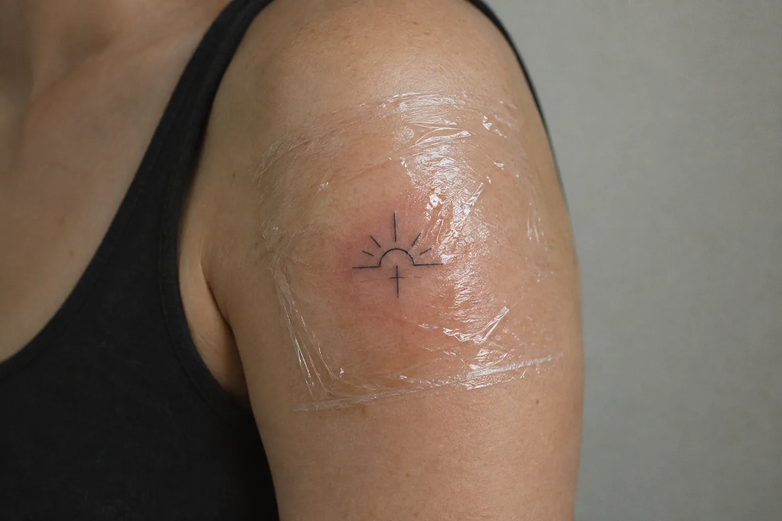 A person's shoulder bears a small sun and cross tattoo beneath clear protective film.