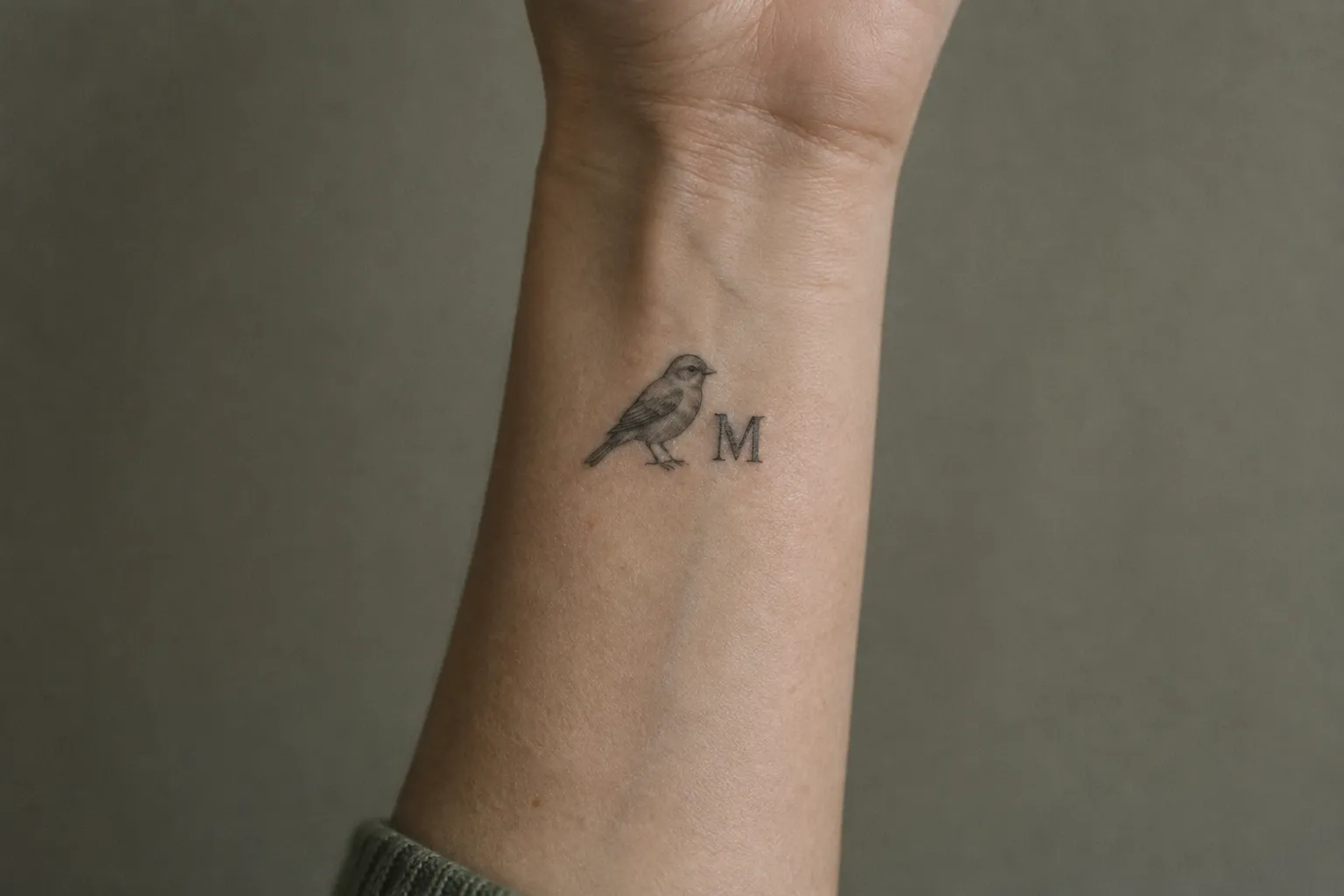 A forearm with a small bird and the letter M tattooed on the inner wrist.