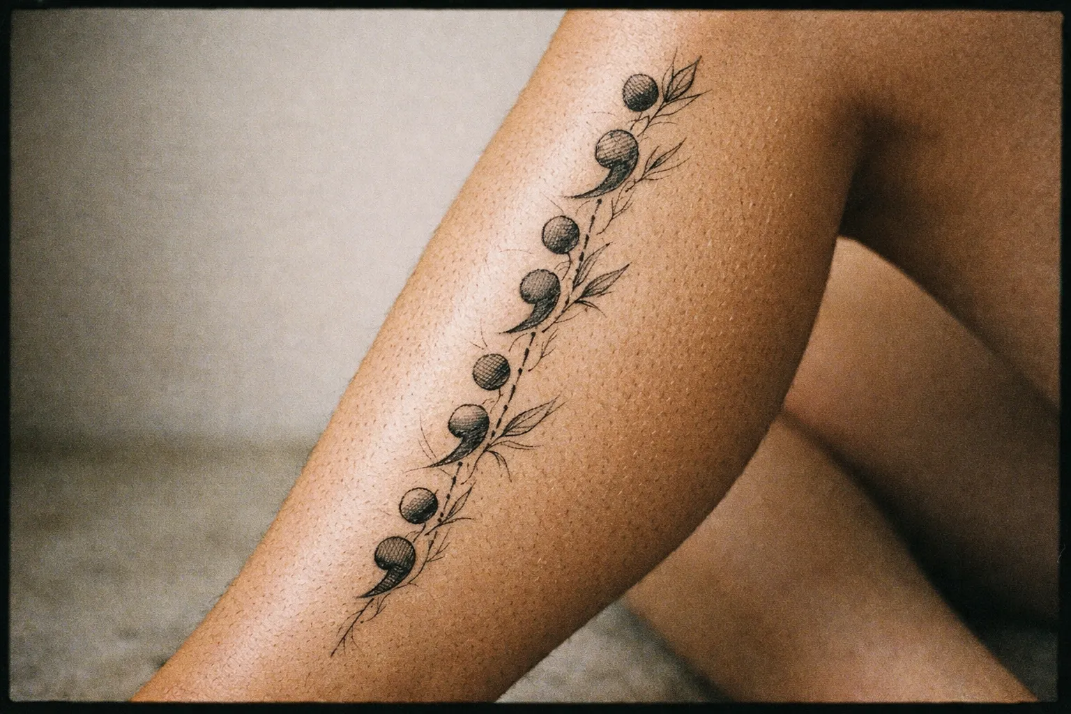A person's leg featuring a line of semicolon tattoos with botanical elements.