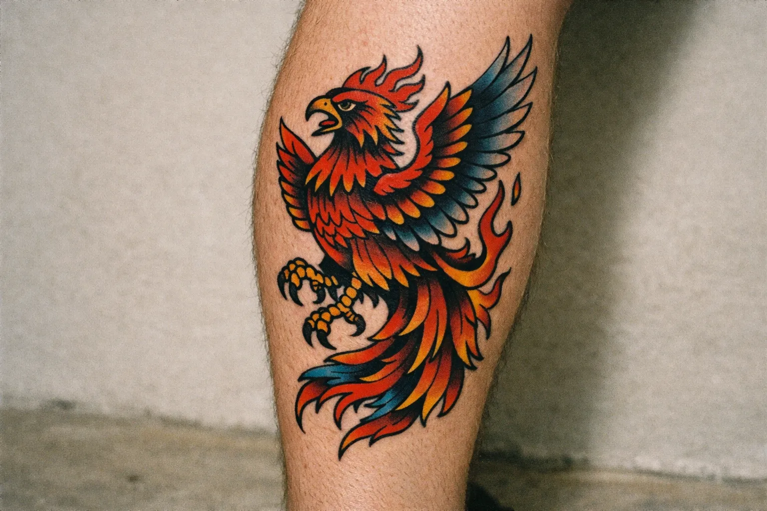 A colorful phoenix tattoo on a person's calf in an indoor setting.
