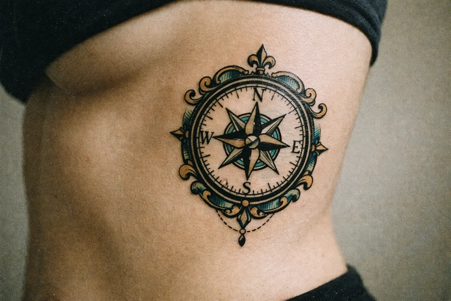 A person displays a compass tattoo on their side torso.
