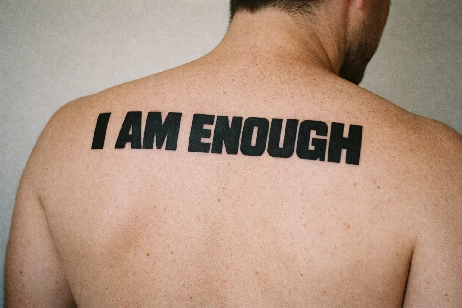 A person with an 'I AM ENOUGH' tattoo across their upper back stands against a plain wall.