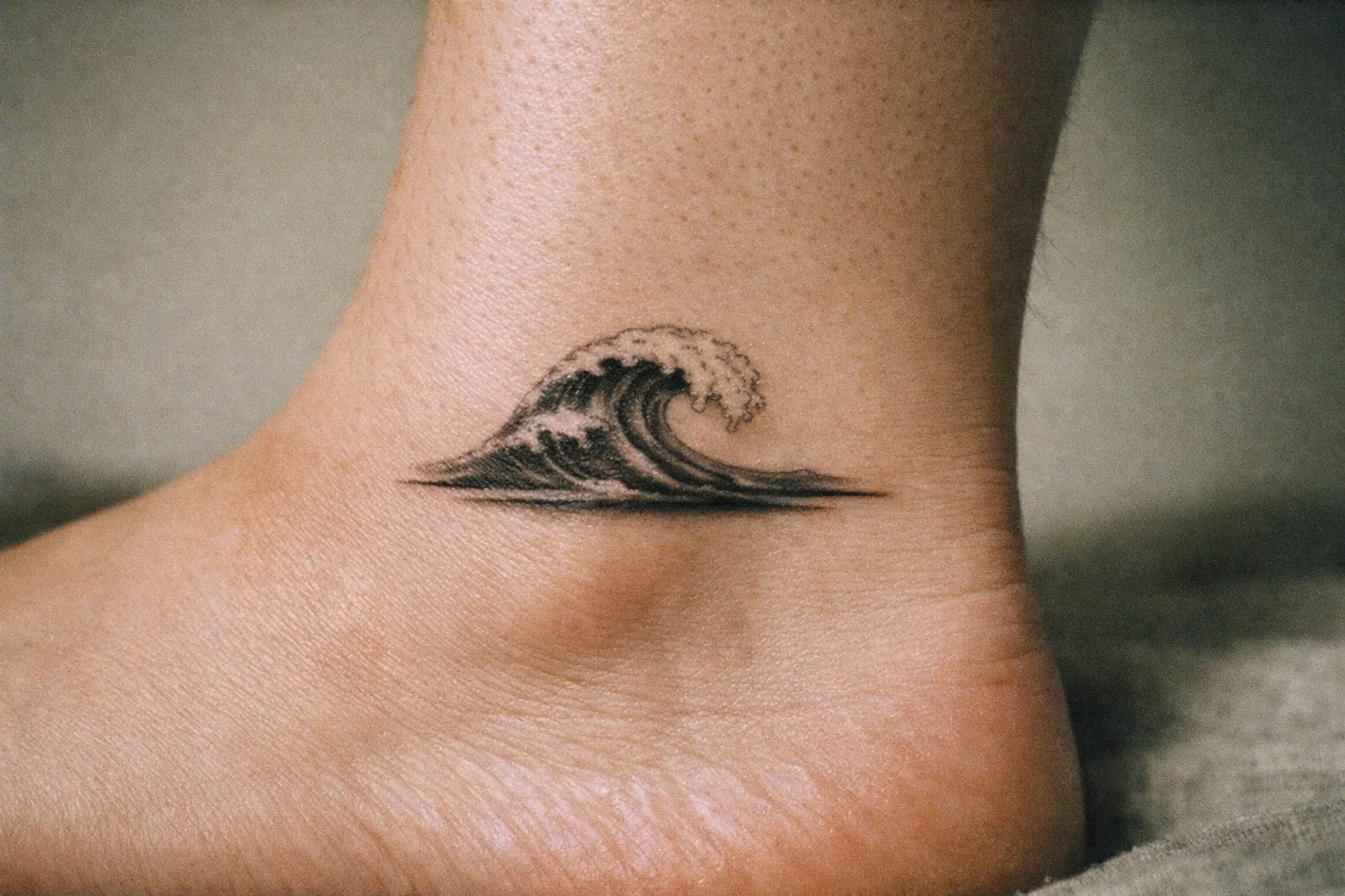 A small wave tattoo is inked on the side of a person's ankle.