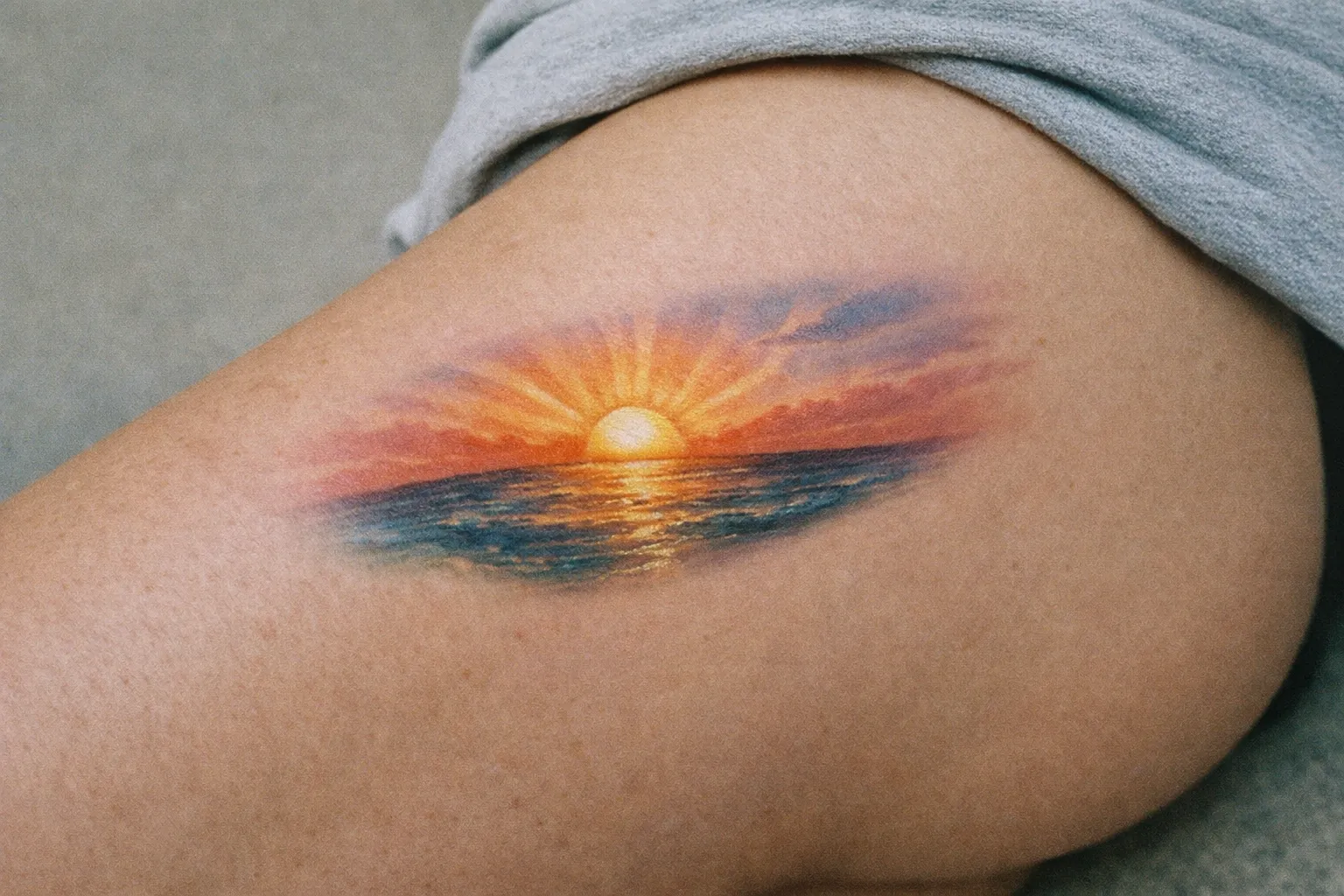 A colorful sunset tattoo is inked on a person's upper thigh.