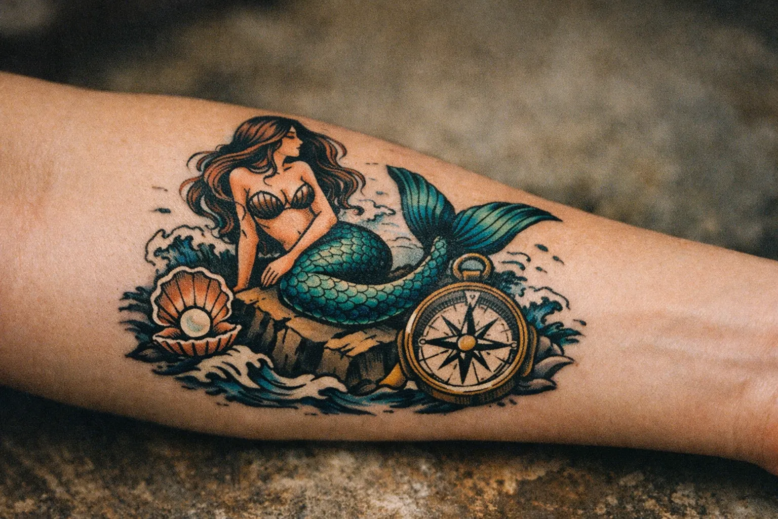 Forearm close-up of a neo-traditional mermaid tattoo with nautical symbols