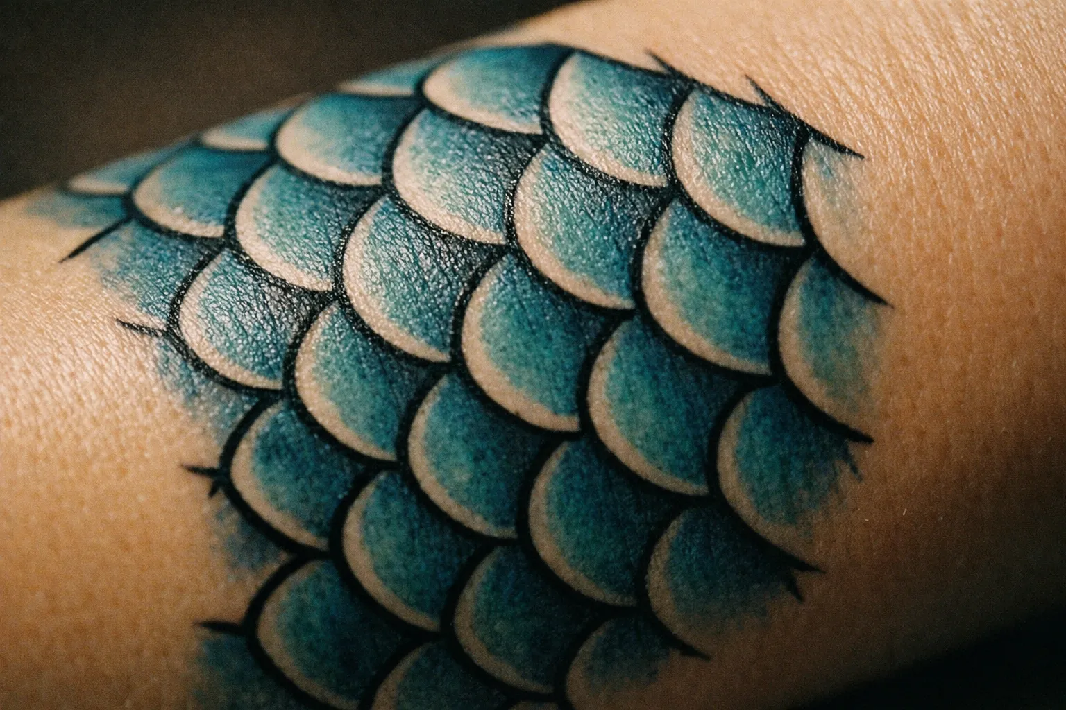 Mermaid scale pattern tattoo close-up on forearm