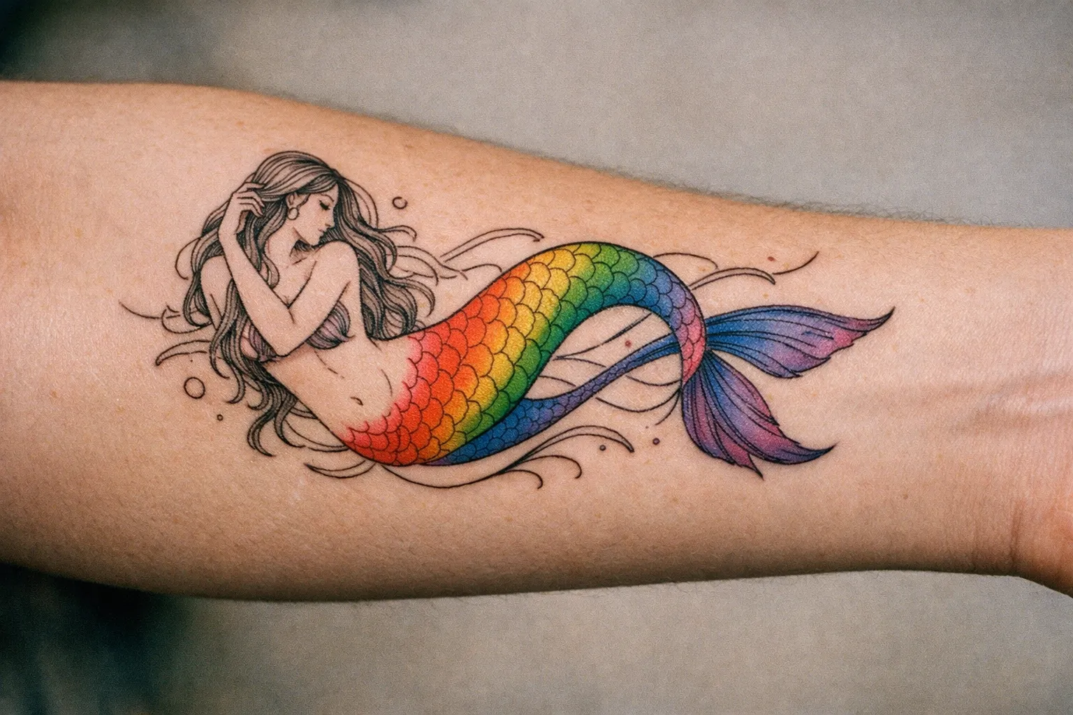 Forearm mermaid tattoo entwined with LGBTQ symbolism and color accents
