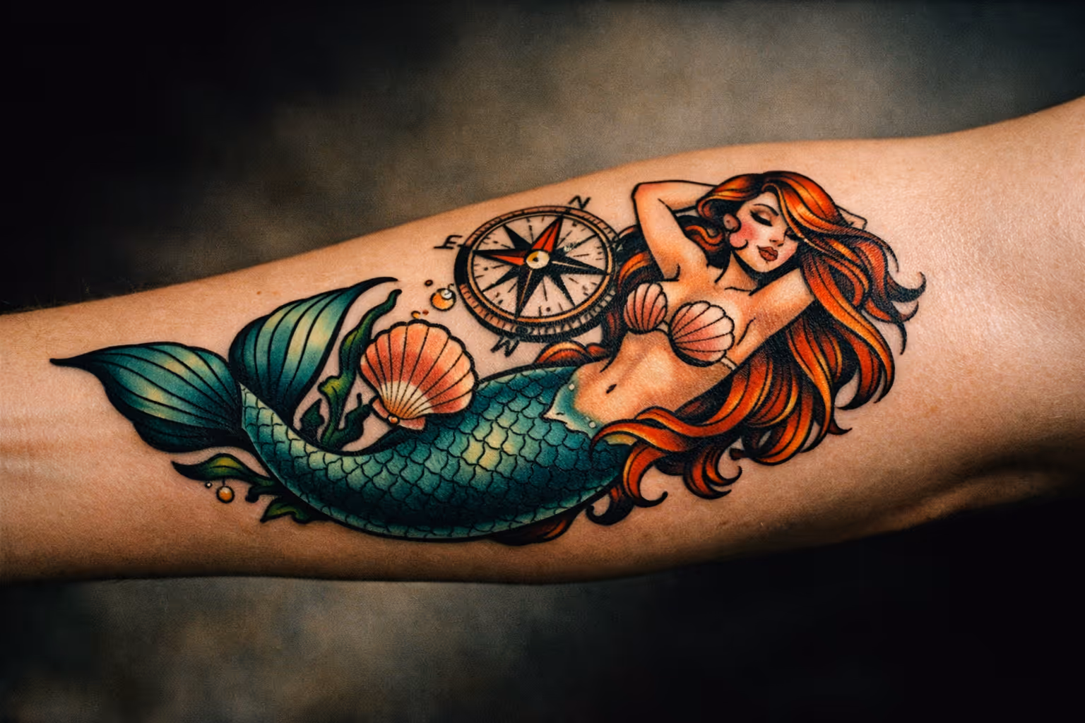 Editorial close-up of a forearm with a bold mermaid tattoo in neo-traditional style, showcasing linework and color.
