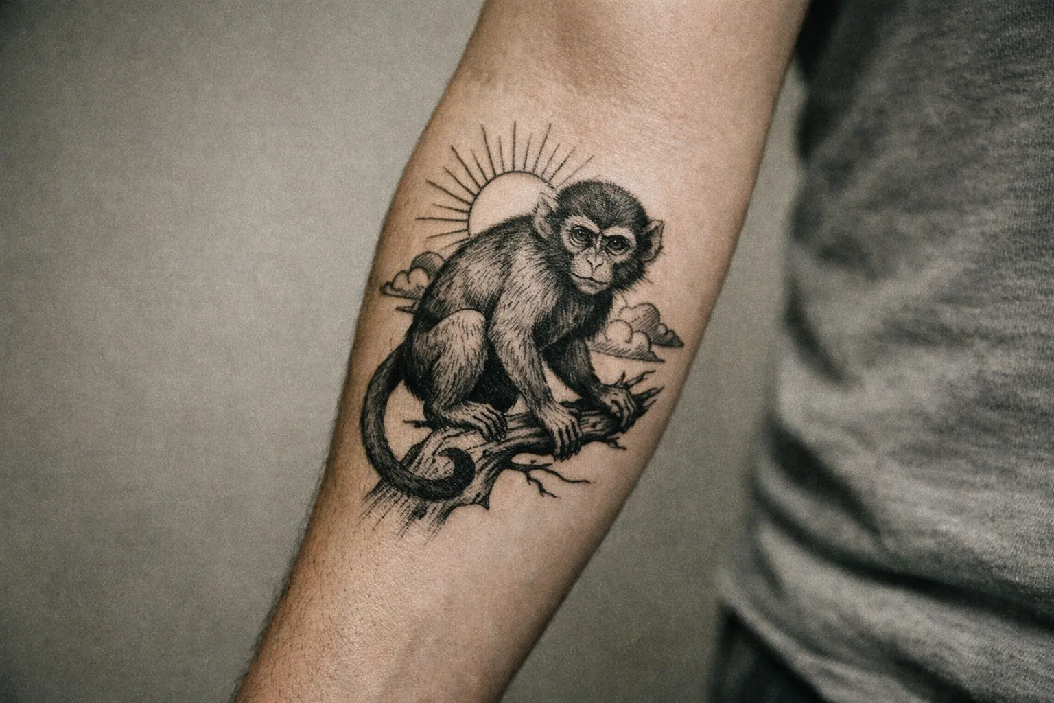 Forearm close-up showing a monkey tattoo in black ink, with visible skin texture