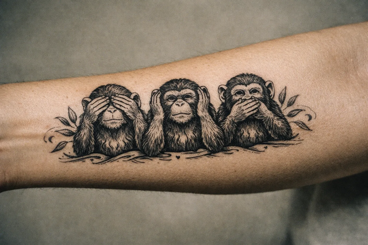 Forearm tattoo depicting the three wise monkeys in black ink, all in one cohesive design