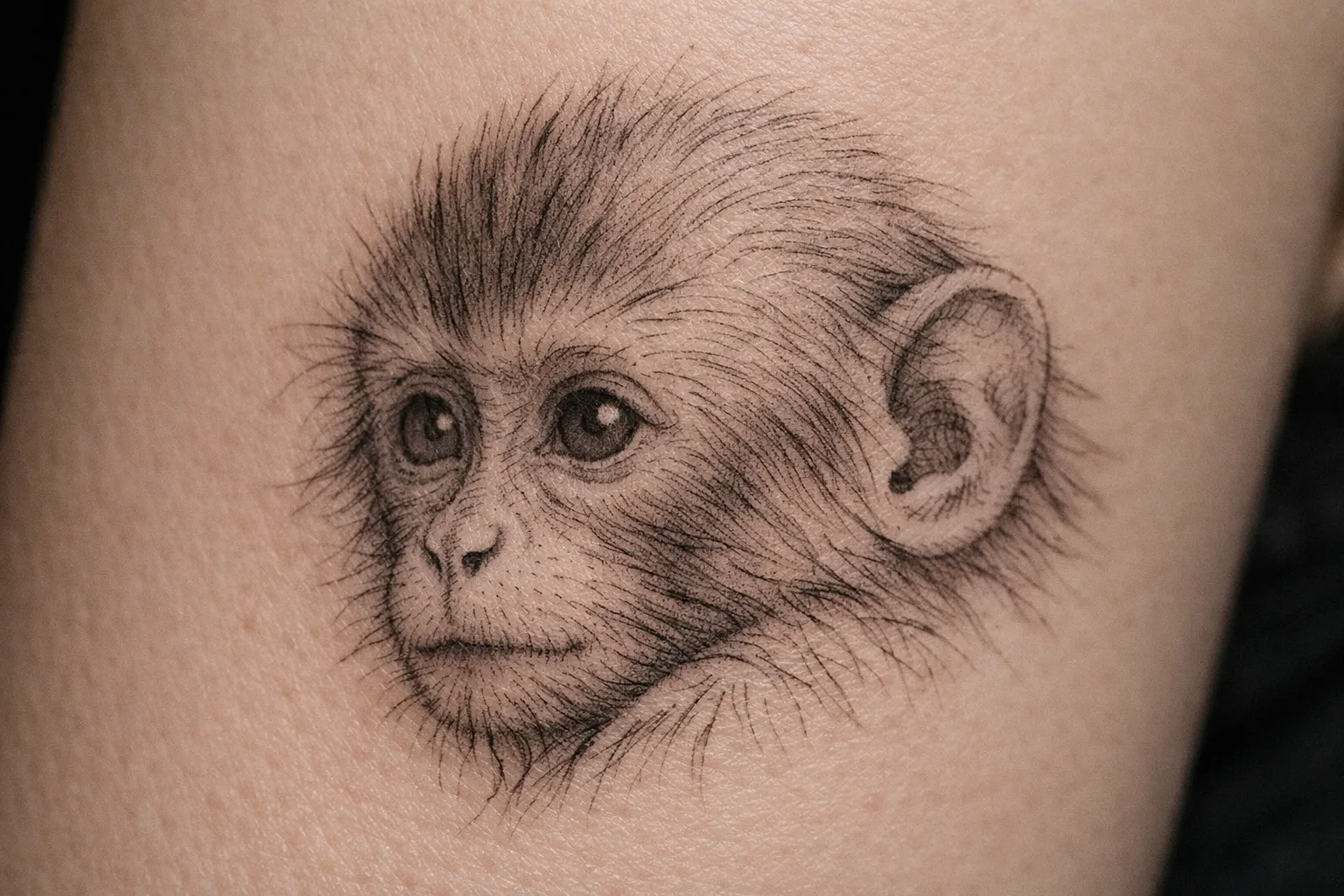 A realistic monkey face tattoo on human skin.