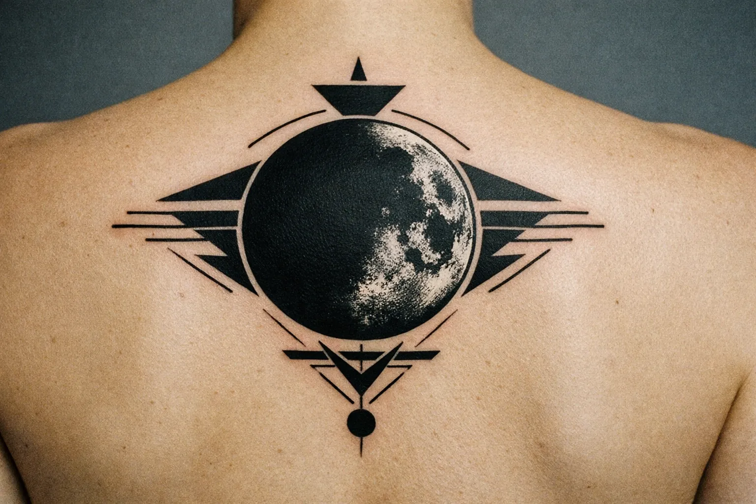A person with a large geometric moon tattoo across their upper back.
