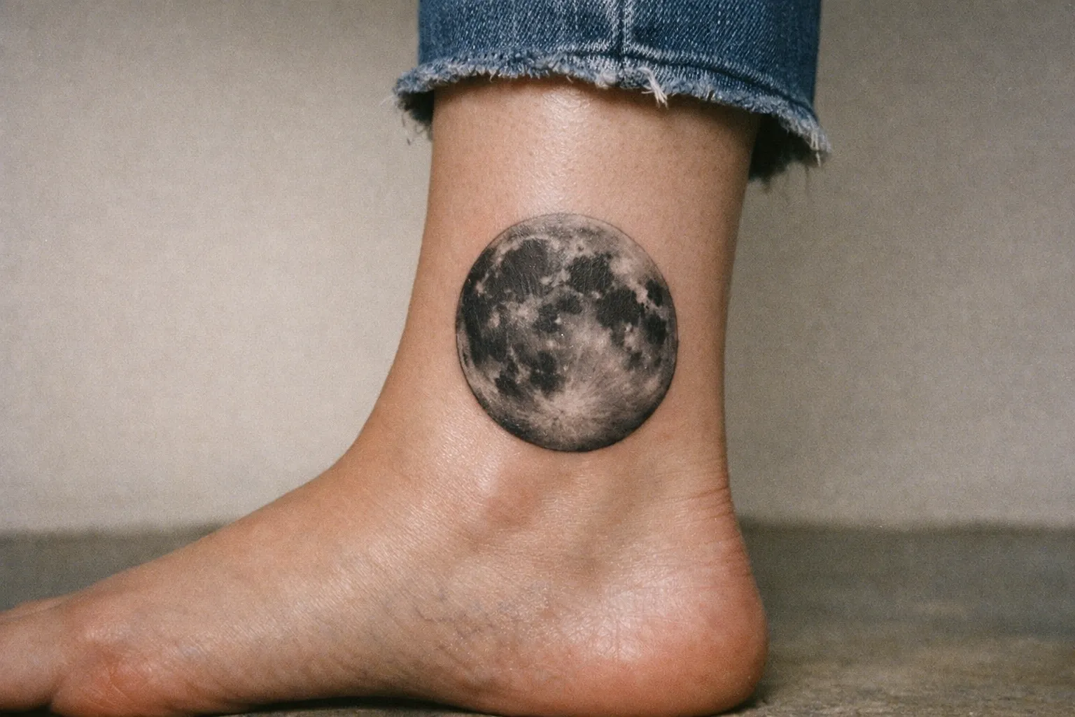 A realistic full moon tattoo is visible on the inner ankle of a person wearing jeans.