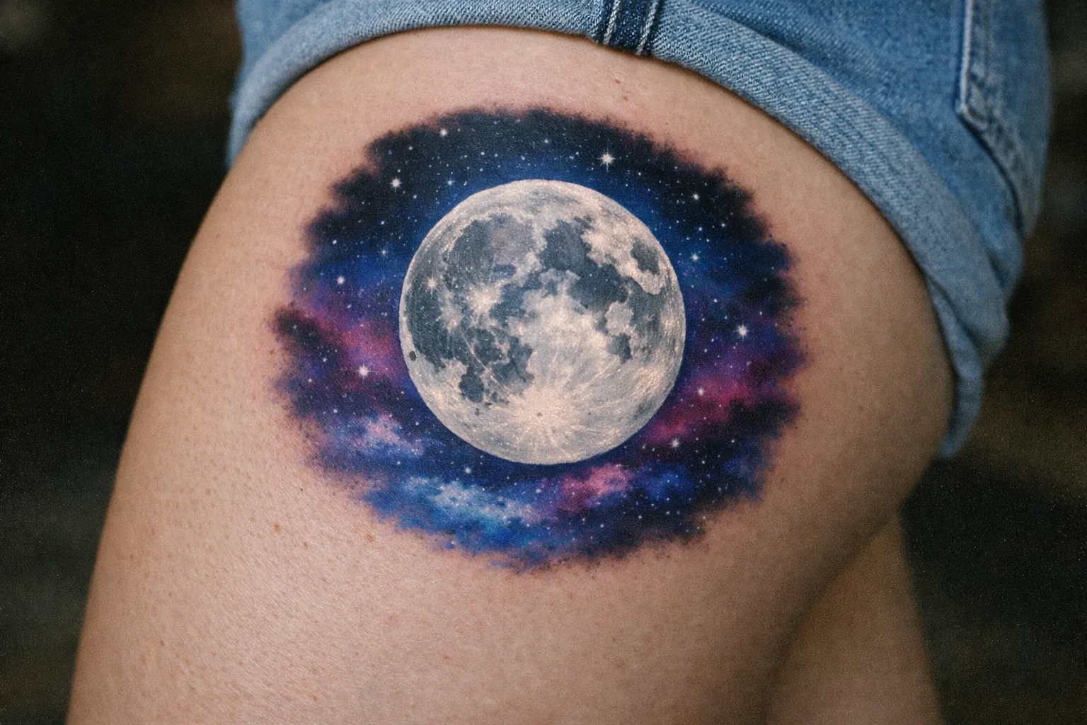 A realistic full moon tattoo surrounded by a colorful galaxy on a person's upper thigh.
