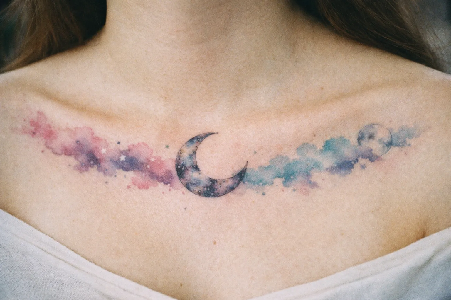 A crescent moon tattoo with watercolor clouds across a person's upper chest.