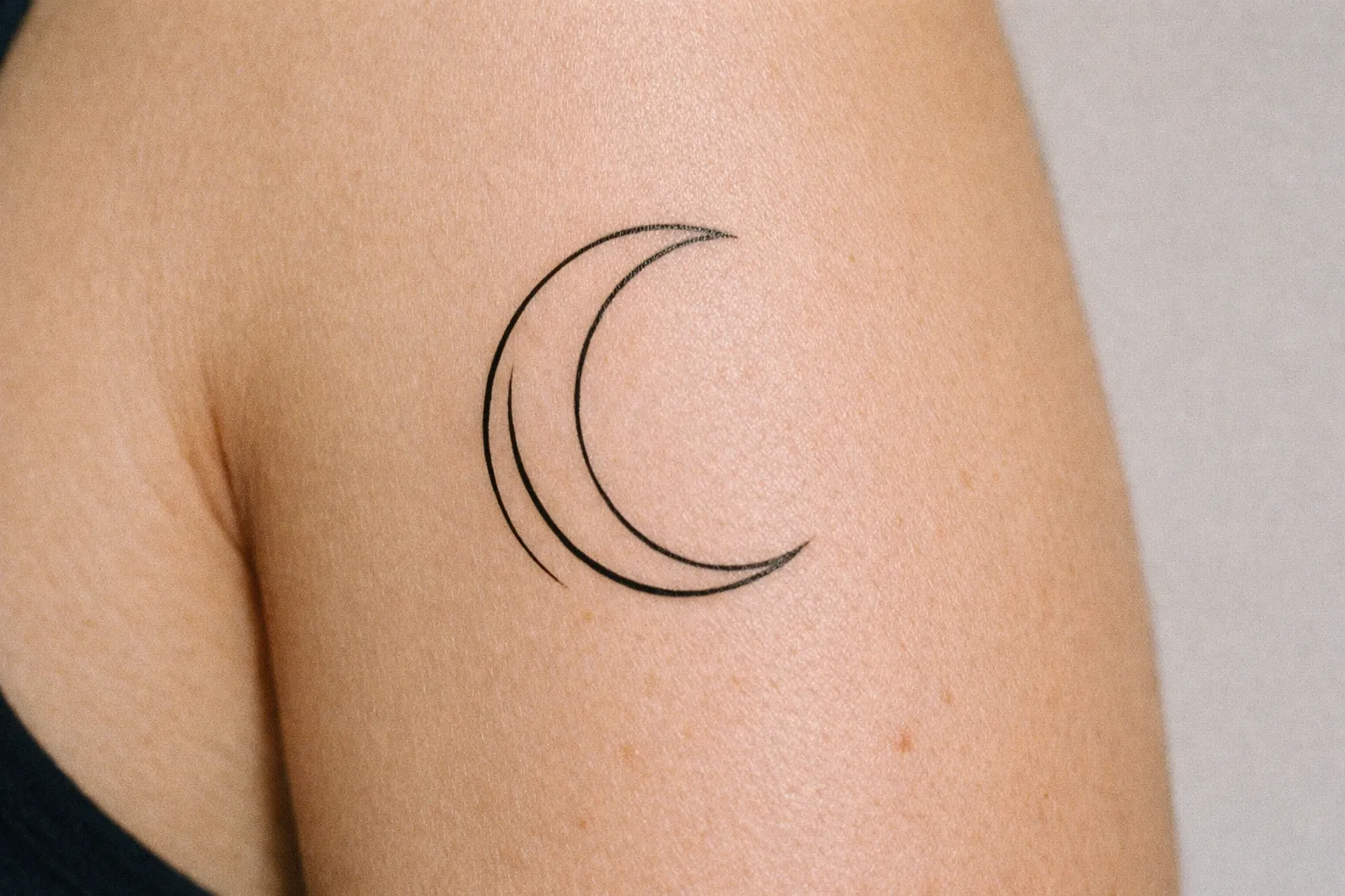 A crescent moon tattoo is inked on a person's upper arm.