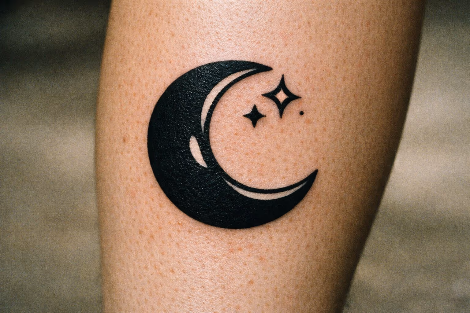 A crescent moon and stars tattoo on a person's leg.