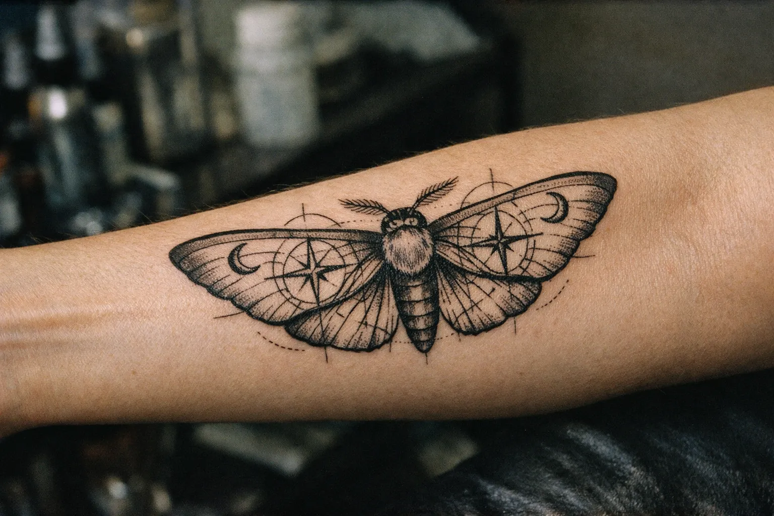 Forearm tattoo with compass-inspired wing lines suggesting meaning