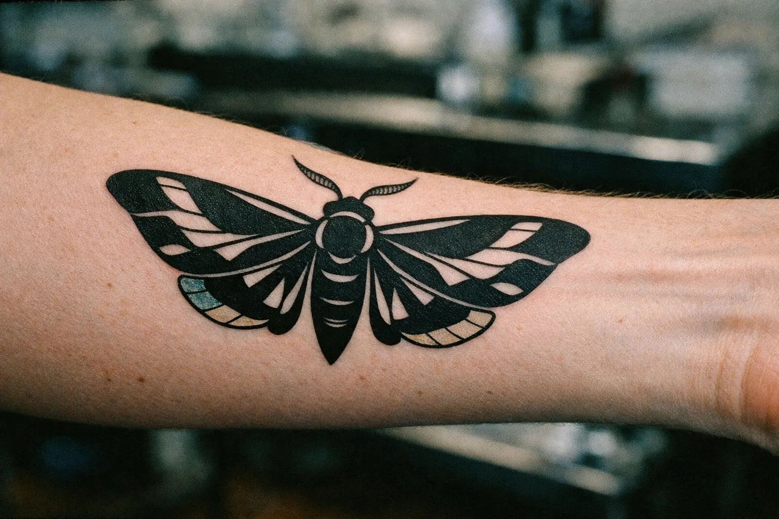 Forearm blackwork moth tattoo with negative space and subtle color accents