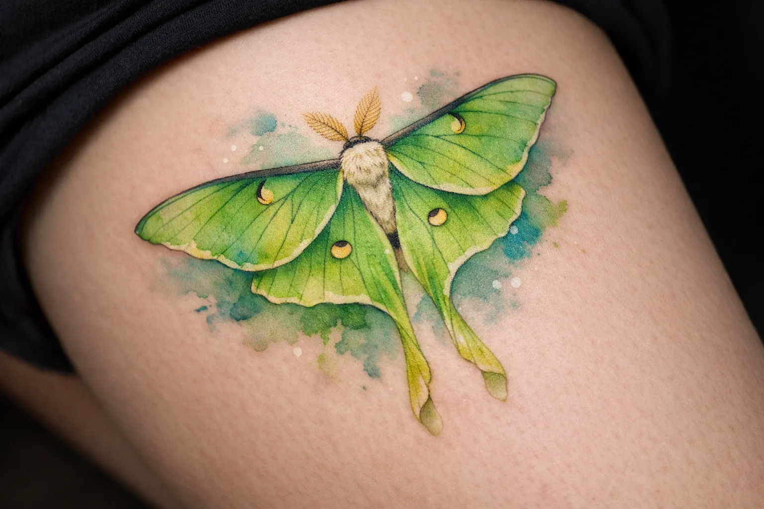 A colorful luna moth tattoo on a person's upper thigh.