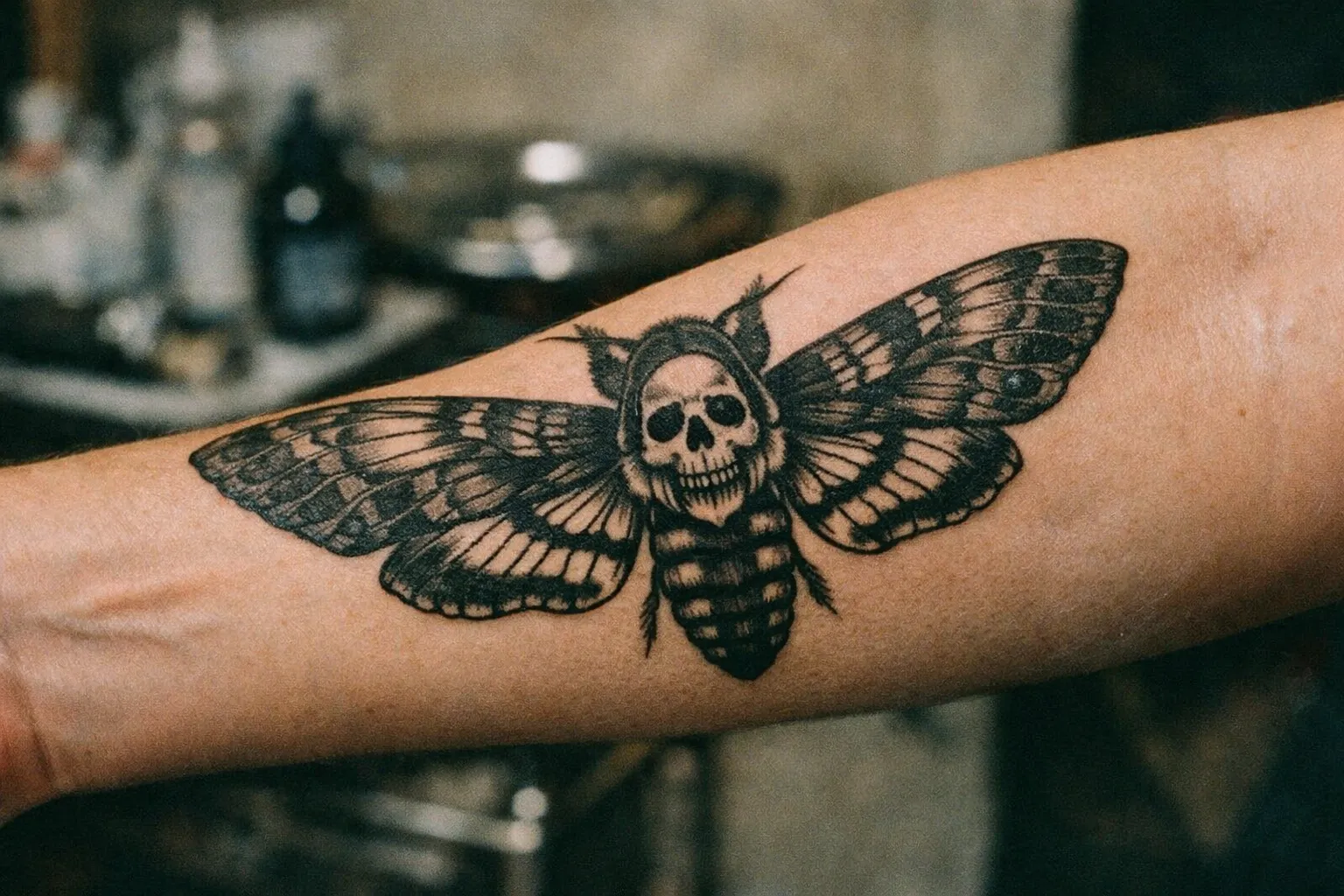 Death's-head hawkmoth tattoo on forearm with skull-like thorax motif