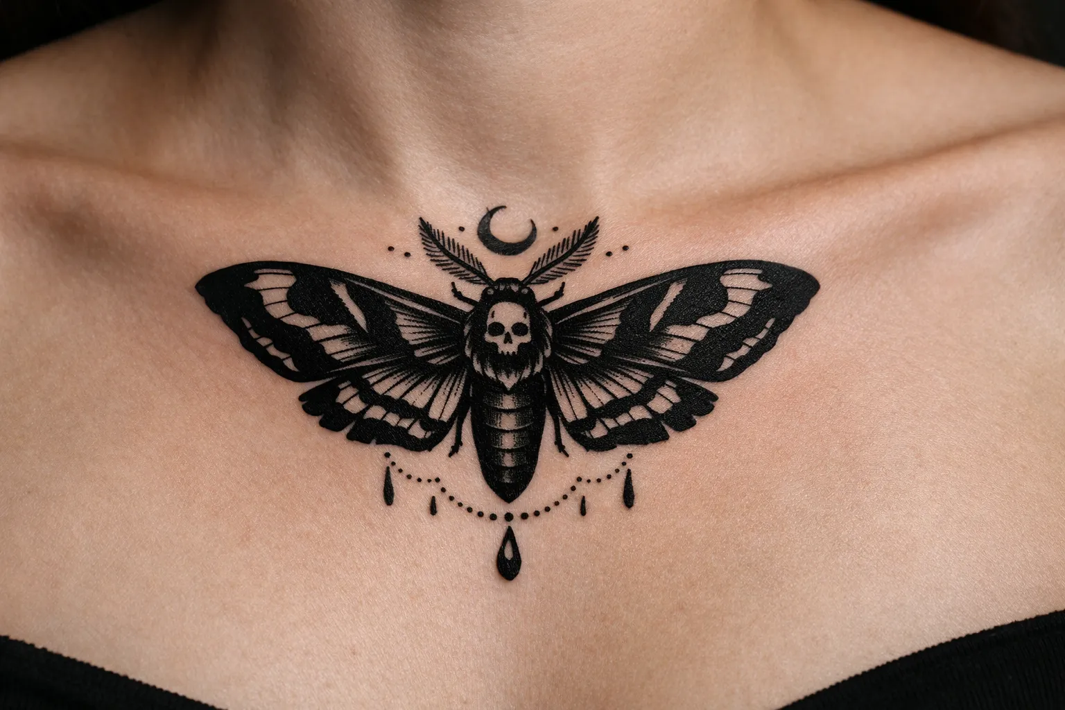 A large black moth tattoo with a skull design is inked on a person's upper chest below the collarbones.