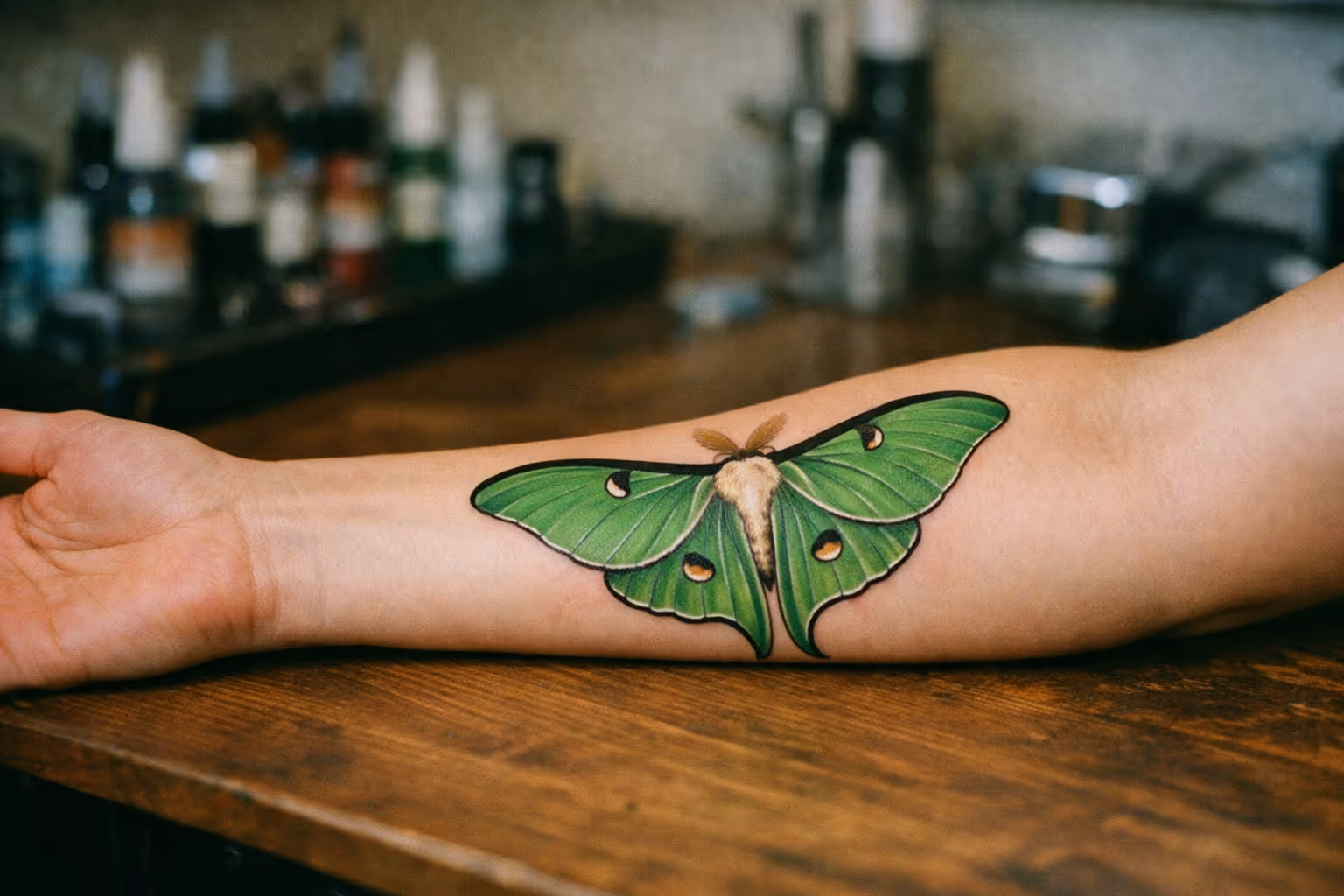Editorial close-up of a forearm with a Luna moth tattoo in a softly lit studio
