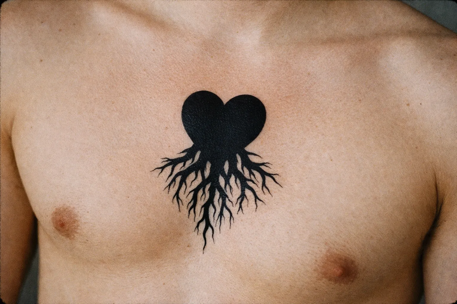 A person with a large black heart and roots tattooed in the center of their bare chest.