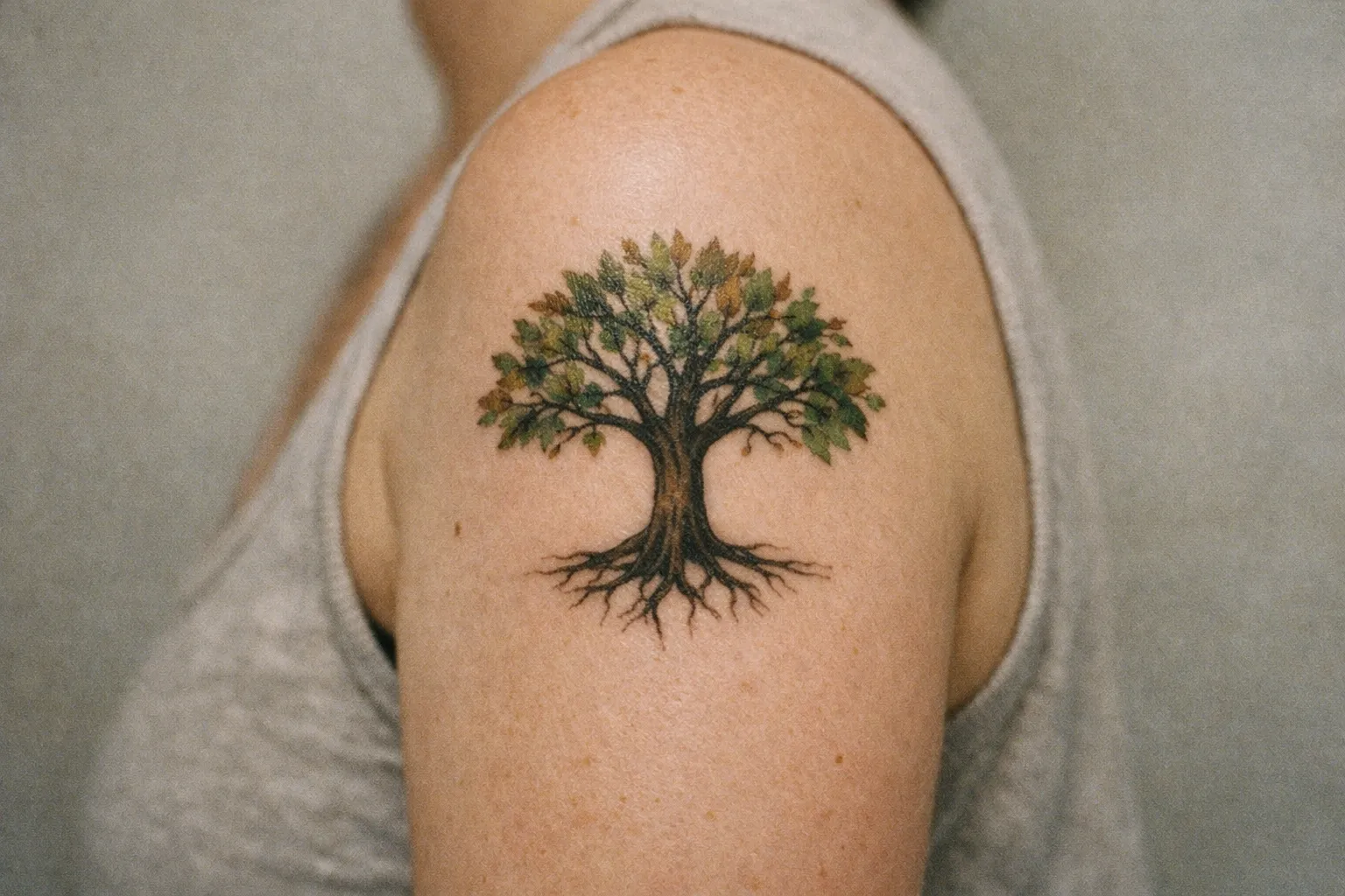 A person with a tree tattoo on their upper arm in a sleeveless shirt.