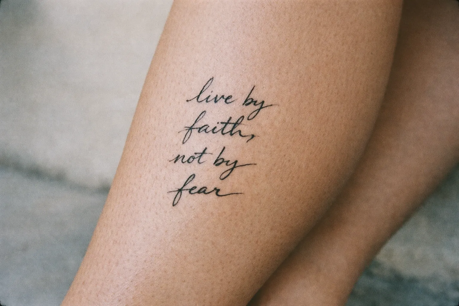 A person's leg featuring a script tattoo that reads 'live by faith, not by fear'.