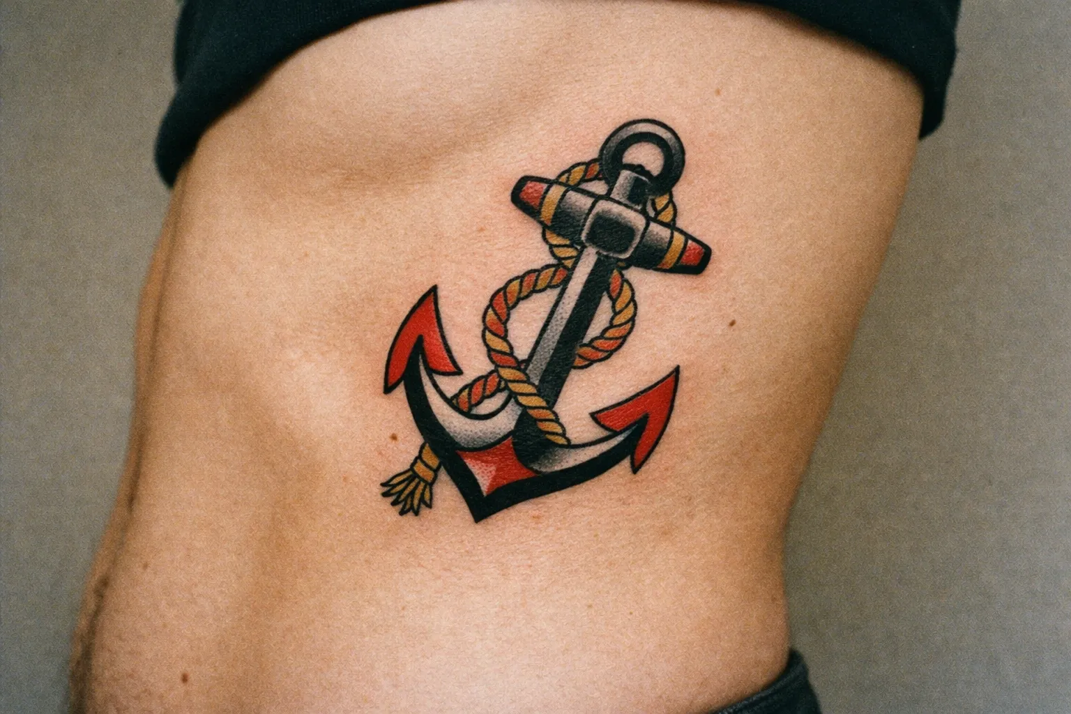 A person displays an anchor tattoo on their side torso.