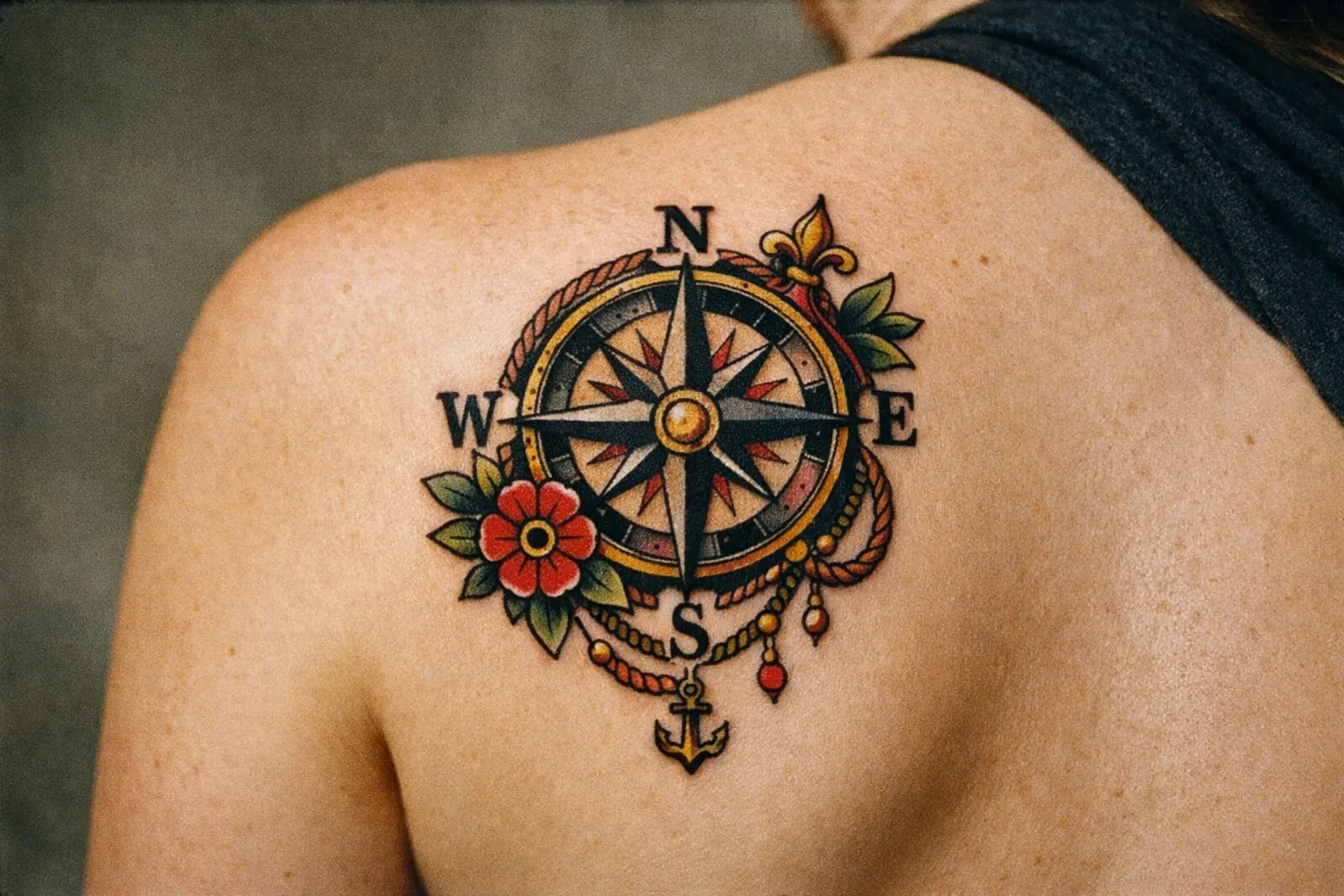 A person with a colorful compass tattoo on their upper back.