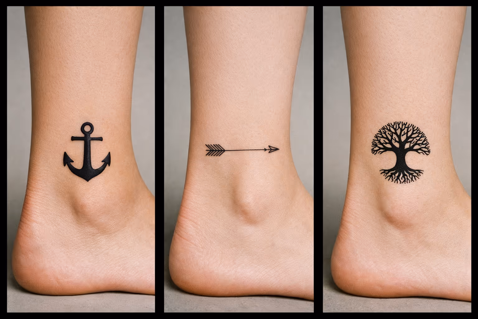 Three different ankle tattoos are shown close-up on separate feet: an anchor, an arrow, and a tree.