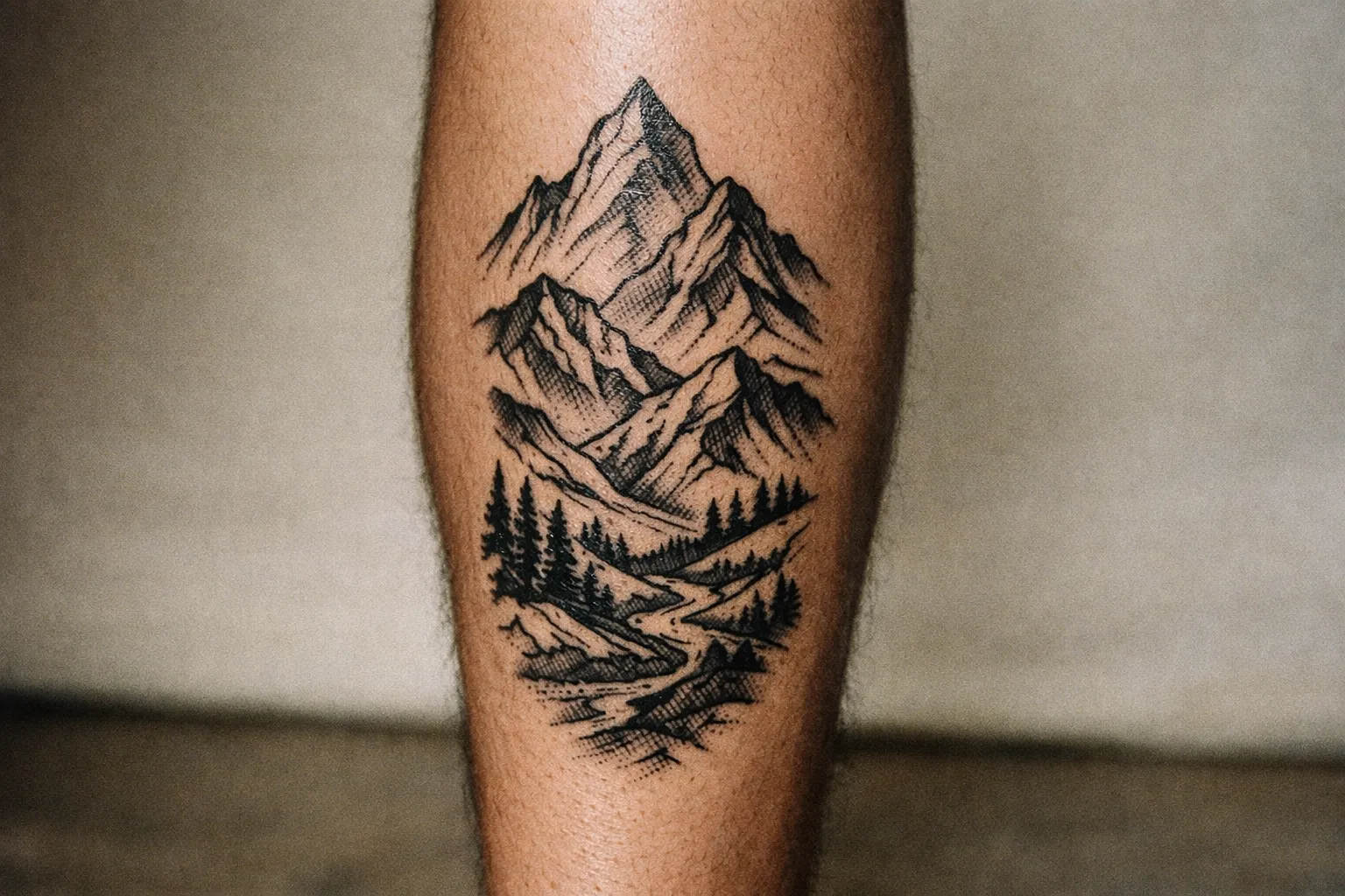 Lower leg calf tattoo of a mountain range, close-up of shin area showing linework and shading on healed skin