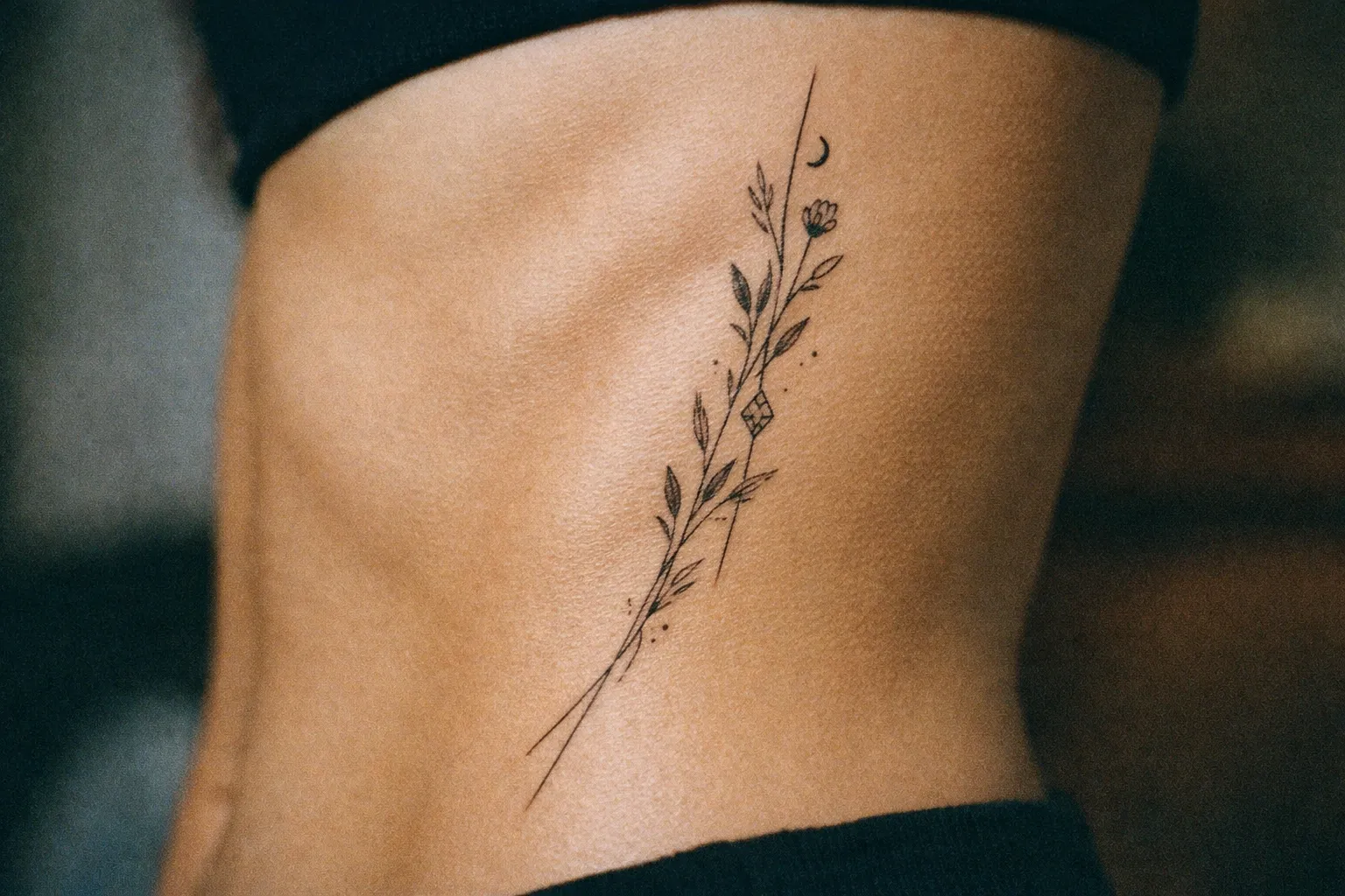Ribcage side-torso tattoo along the ribs showing a single motif