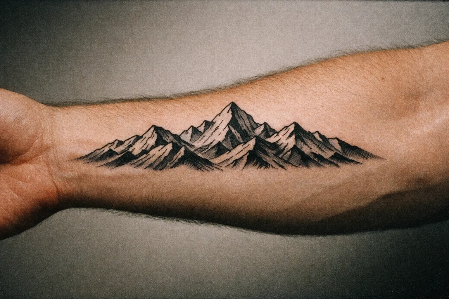 Forearm tattoo showing a larger mountain range that begins near the wrist and ends mid-forearm