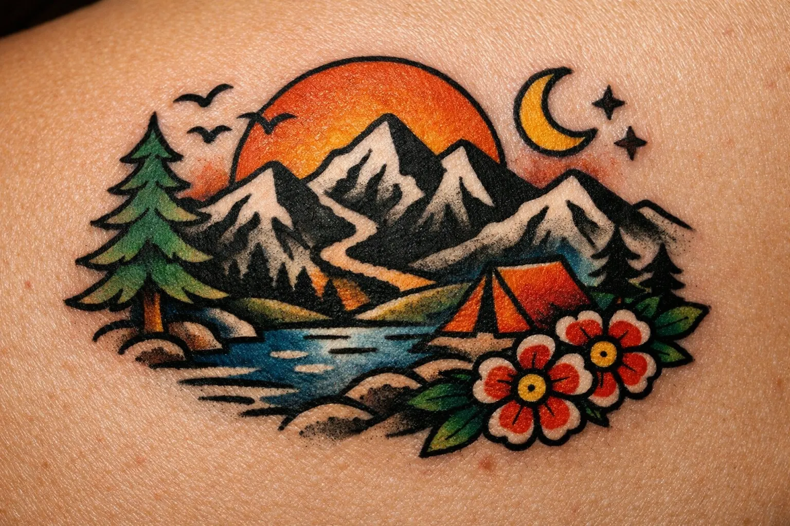 A tattoo of snow-capped mountains, a tent, trees, and a river set against a sunset and crescent moon.